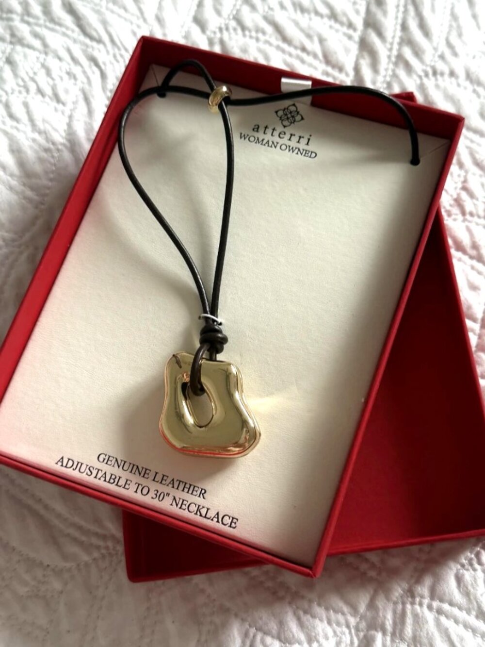 Atterri Gold Pendant Necklace Adjustable Genuine Leather Cord New In Box